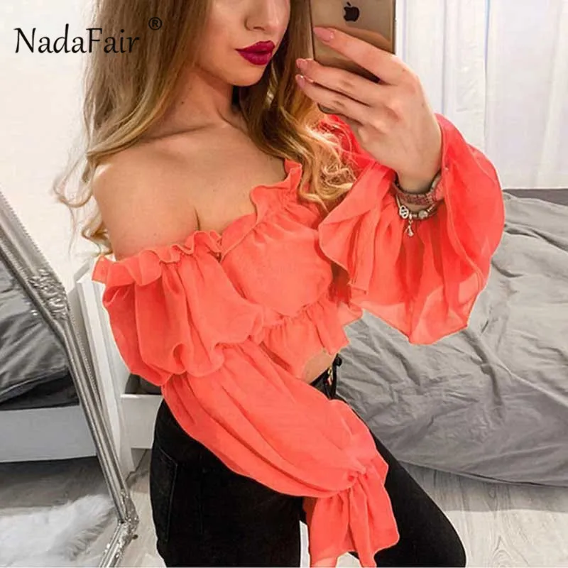Nadafair неоновый топ с открытыми плечами и блузки Женская оранжевая Сексуальная