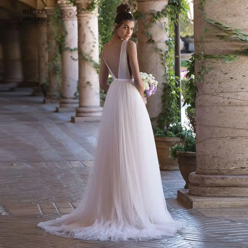 Дешевое свадебное платье в стиле бохо 2020 ТРАПЕЦИЕВИДНОЕ Тюлевое длинное белое