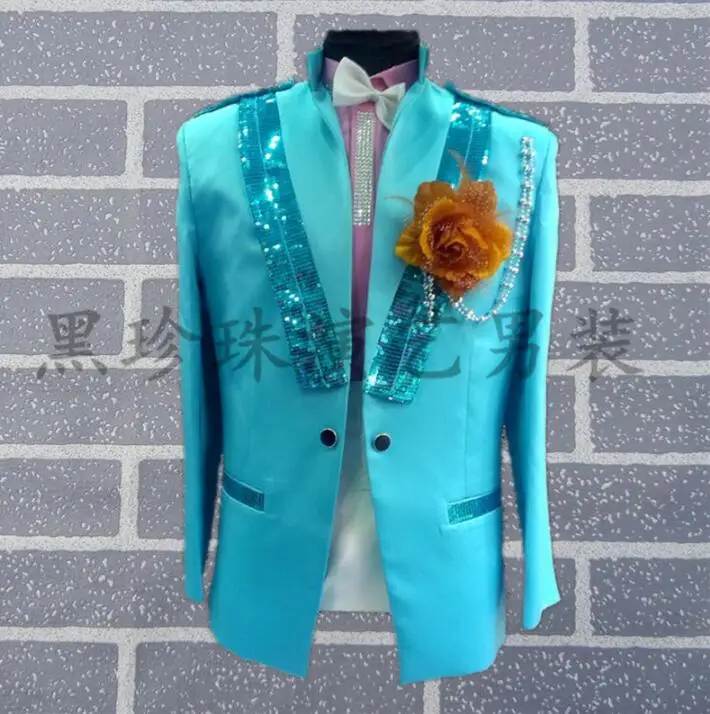 sky blue men suits designs masculino stage costumes for singers men sequin blazer dance clothes jacket style dress rock fashion