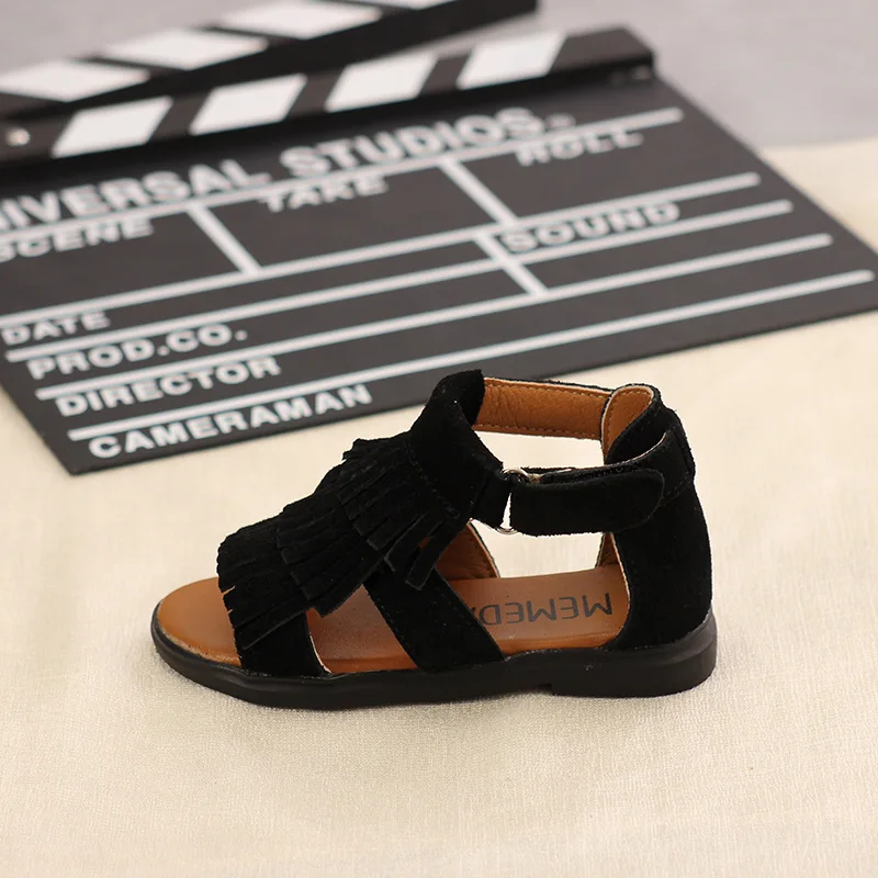 Летние сандалии для девочек Сандалии из натуральной кожи с кисточками