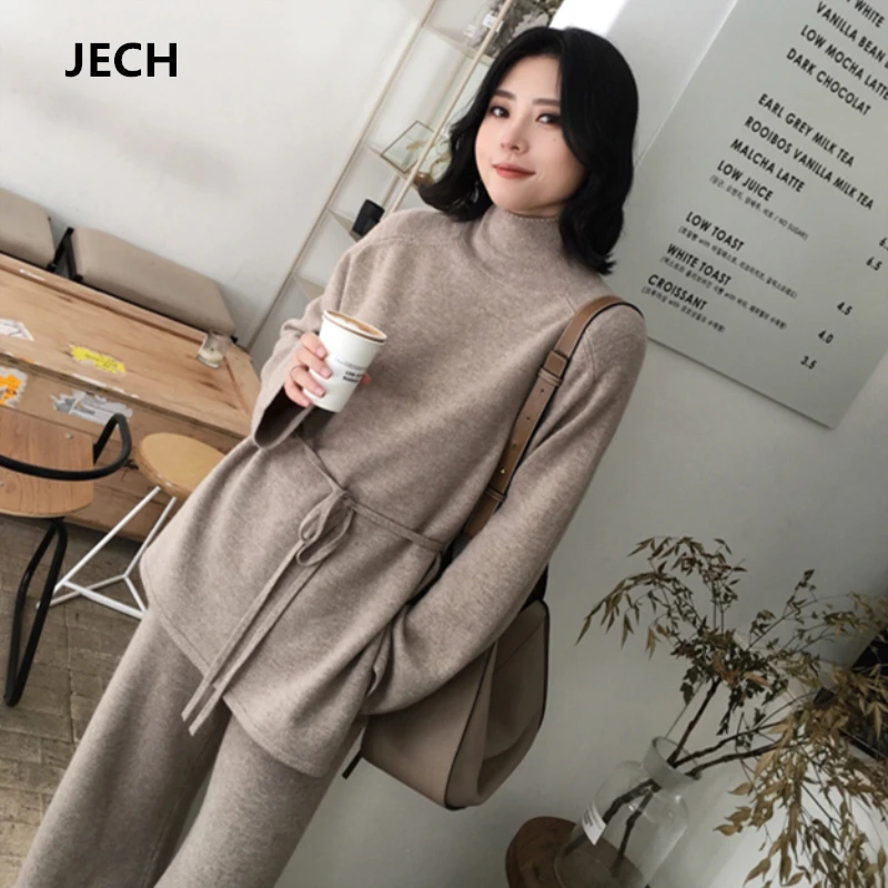 Женские кашемировые шерстяные костюмы JECH повседневные Пуловеры и брюки модные