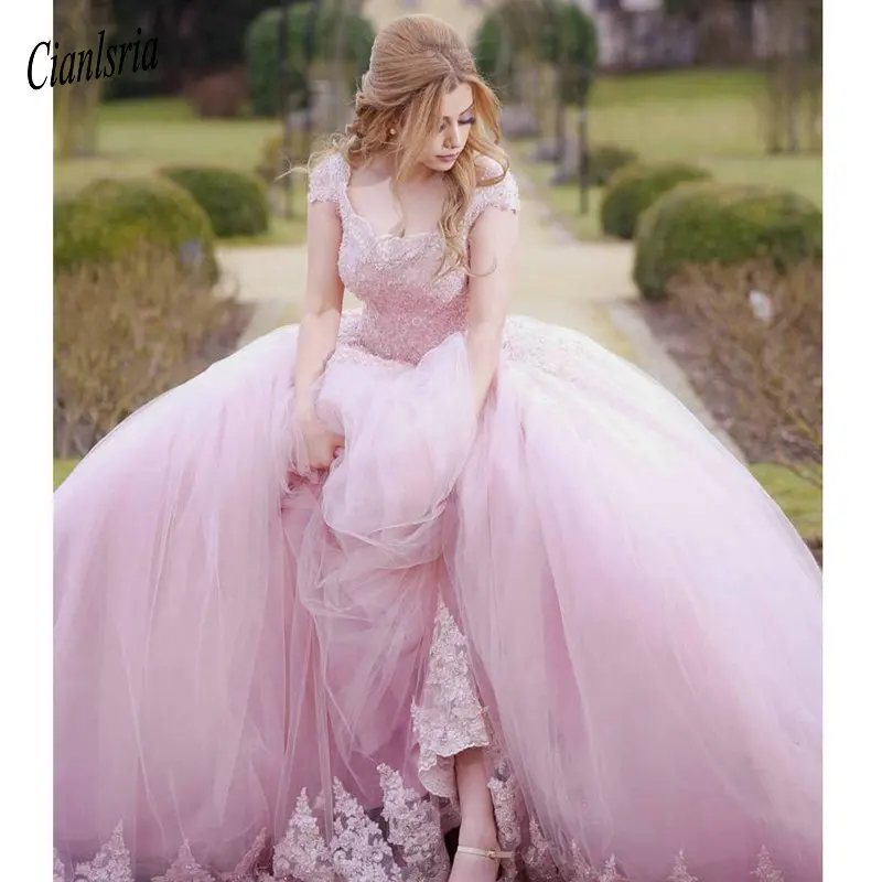 

Классическое Розовое Бальное платье, платья для Quinceanera, с квадратным вырезом и коротким рукавом, Аппликация из бисера, милое платье 15 цветов