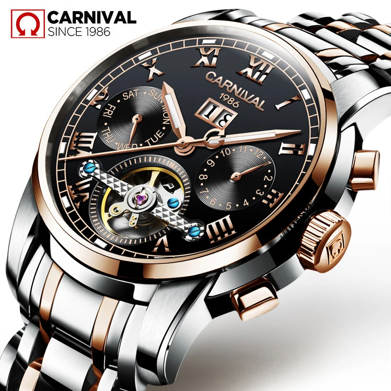 Carnival Men Fashion Automatic Mechanical Watch Sapphire Waterproof Luminous Auto Date Week Watches Men Sport Tourbillon Clock