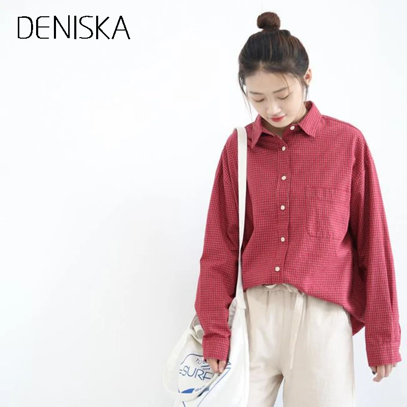Дениска Новая осень 2018 Этническая хлопок и лен блузка для женщин рубашка в клетку