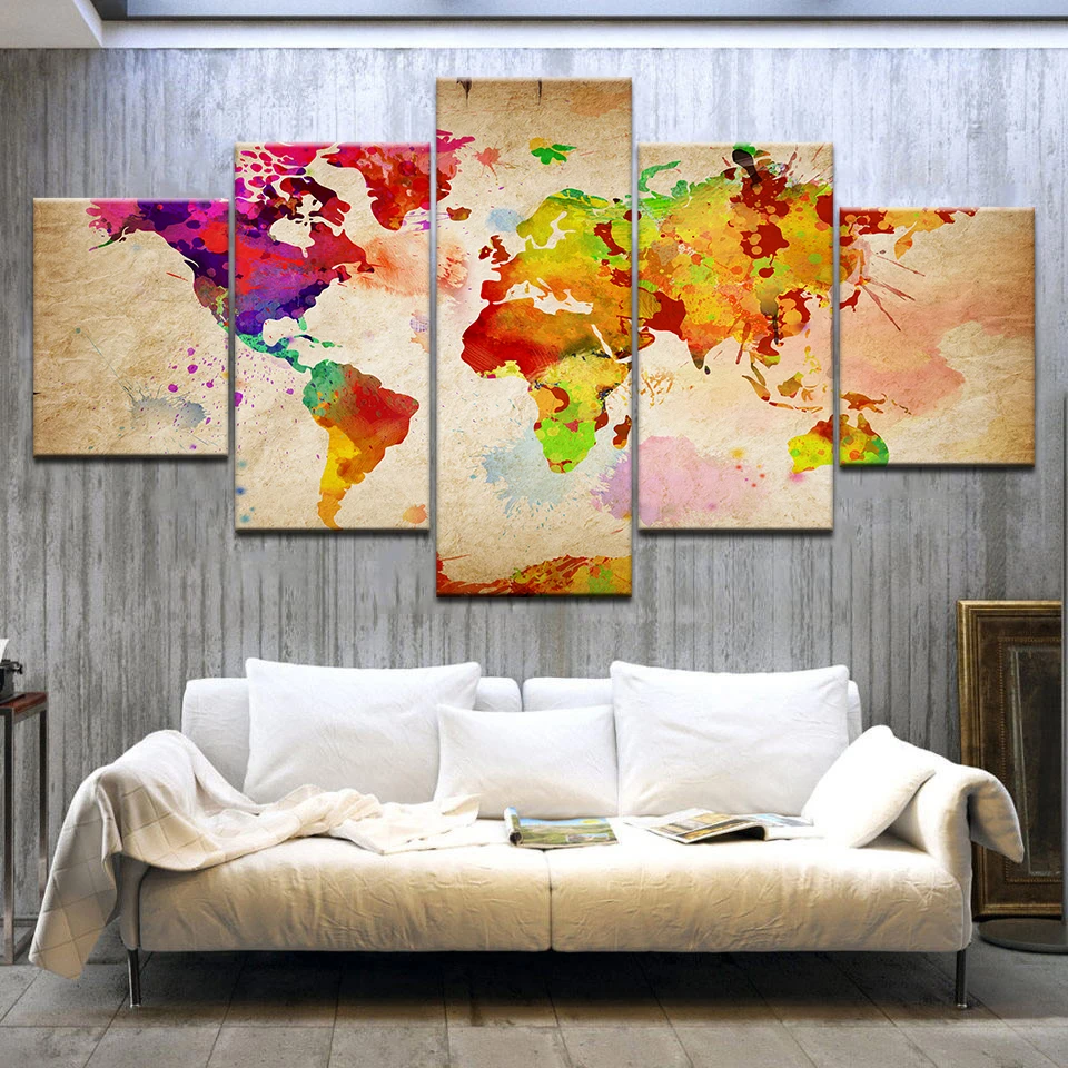 

Home Decor HD Prints Canvas Living Room Abstract Pictures 5 Pieces Color World Map Paintings Wall Art Modular Posters Framework