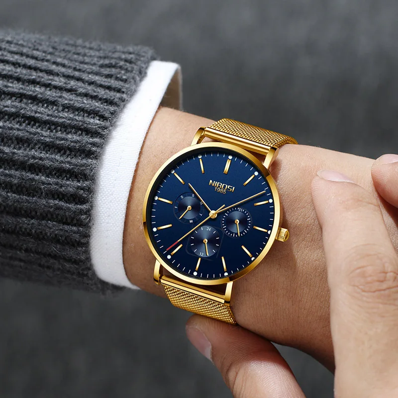NIBOSI часы для мужчин роскошный золотой сталь человек наручные Relogio Masculino синий