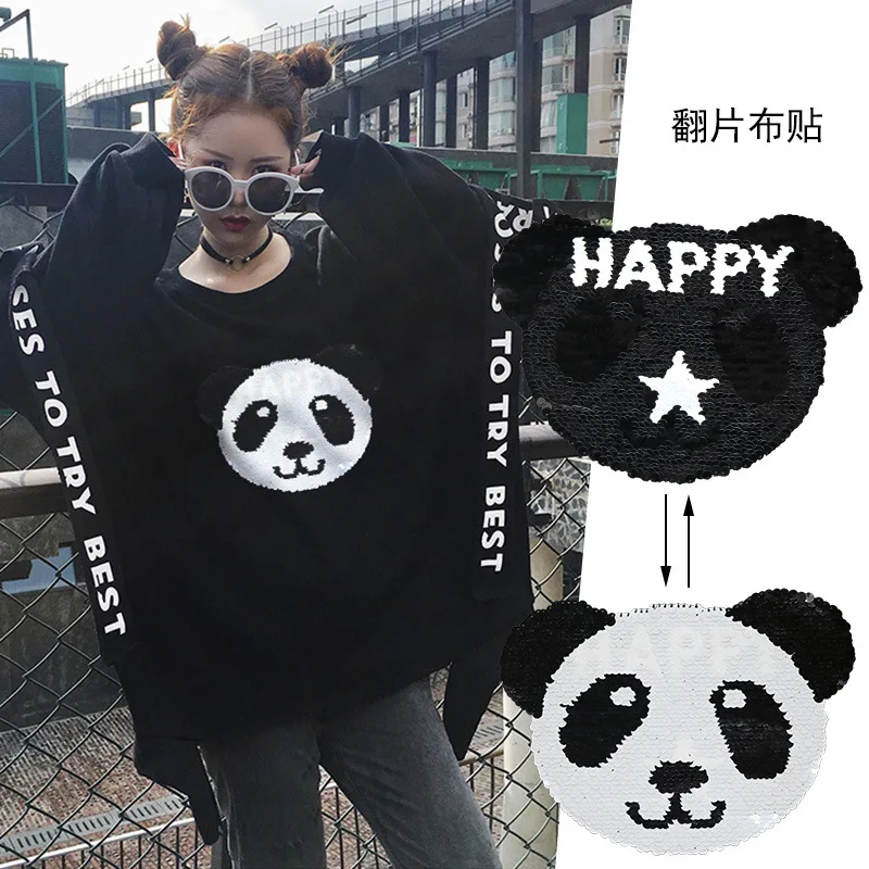 

Turn-over Panda With Sequined Patches Fashion Applique lron on Patch for Clothes Bags DIY Decal Apparel Accessory 1Set