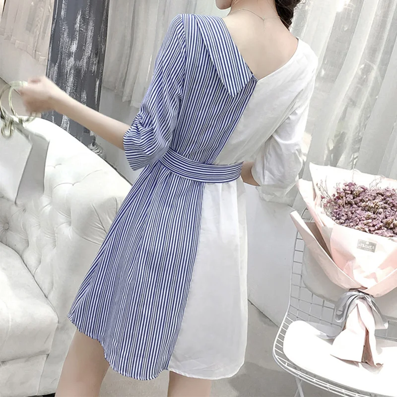 Женское Летнее Платье Мода Полосатая Лоскутная Асимметричная Рубашка Мини с