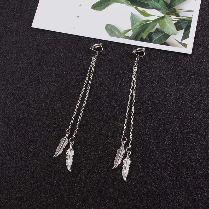 Серьги-клипсы женские JIOFREE из сплава с перьями на длинной цепочке для