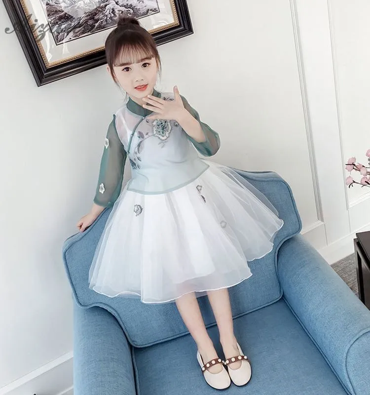Темно-зеленые детские платья Cheongsam в ориентельском стиле из двух предметов детское традиционное китайское платье Qipao юбка принцессы из пряжи