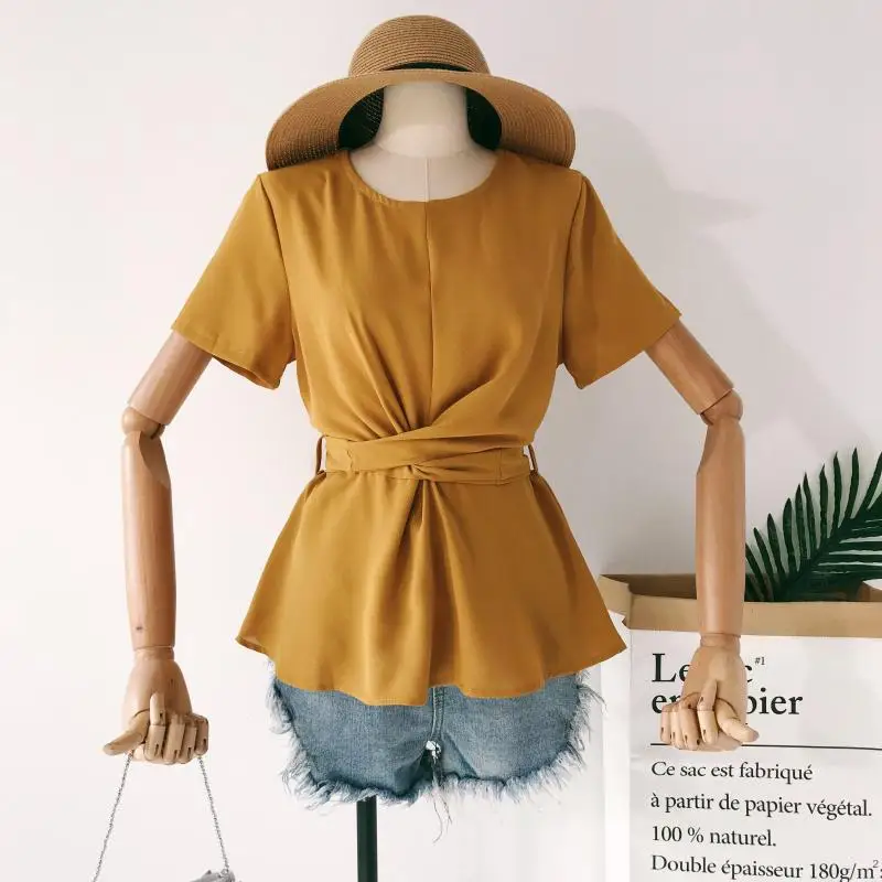Новые весенне-летние повседневные рубашки с коротким рукавом и оборками и круглым вырезом женские шифоновые топы D377
