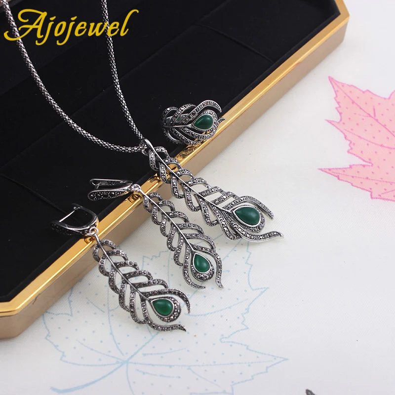 Ajojewel винтажный стиль зеленый набор украшений для женщин из смолы и пера