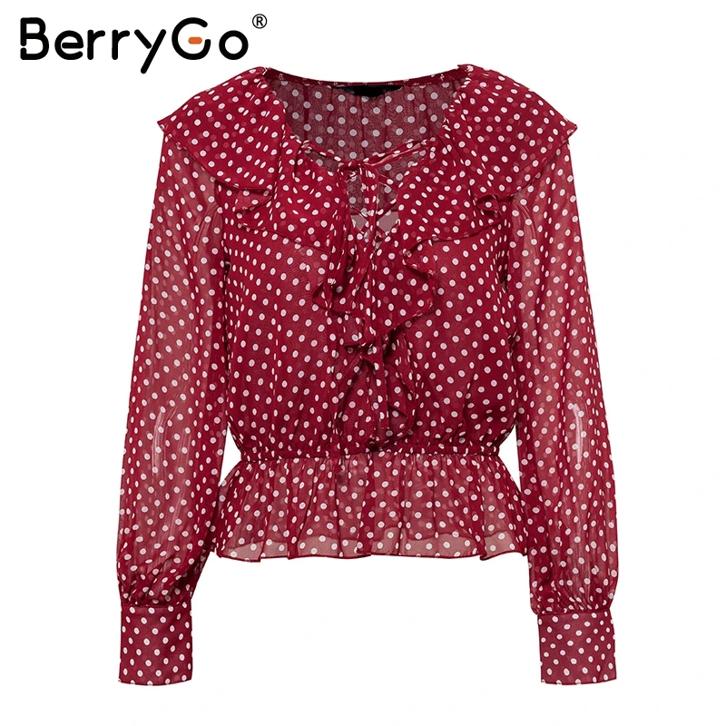 Женская блузка в горошек BerryGo красная с v образным вырезом и цветочным принтом