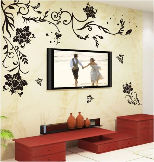 [Fundecoration] черная бабочка цветок лоза настенные наклейки для домашнего декора