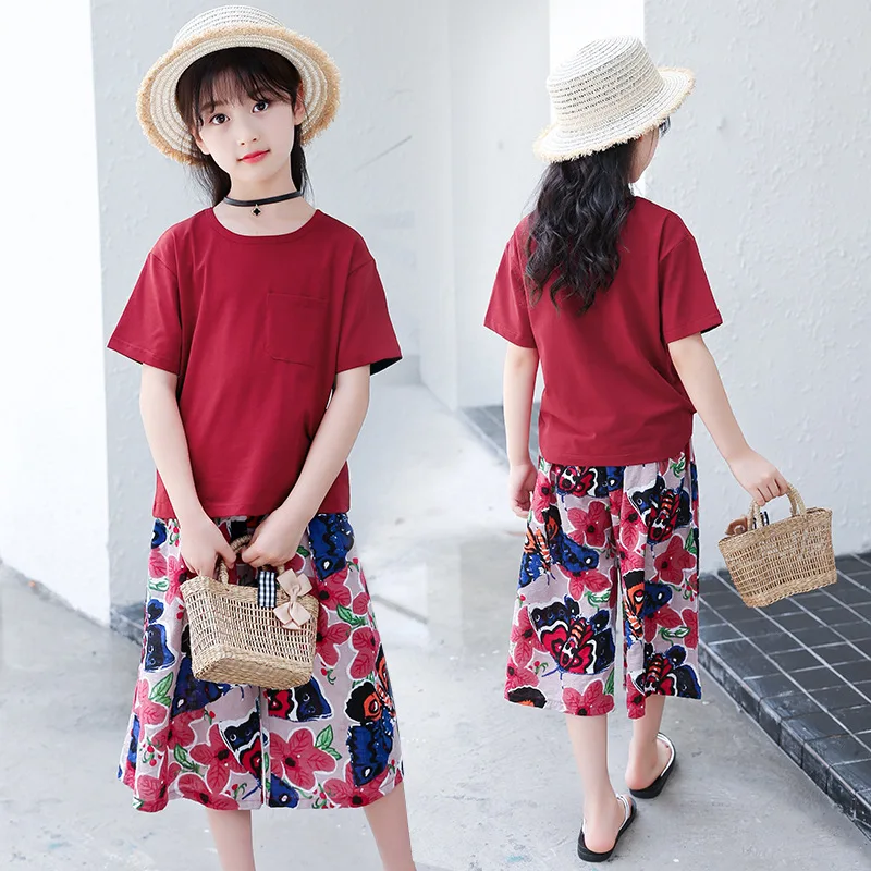 

2020 Summer Girls Clothes Sets Children Short Sleeve T-Shirt+Floral Wide Leg Pants 2Pcs Girls Clothing Set 4 6 8 10 12 13 Years