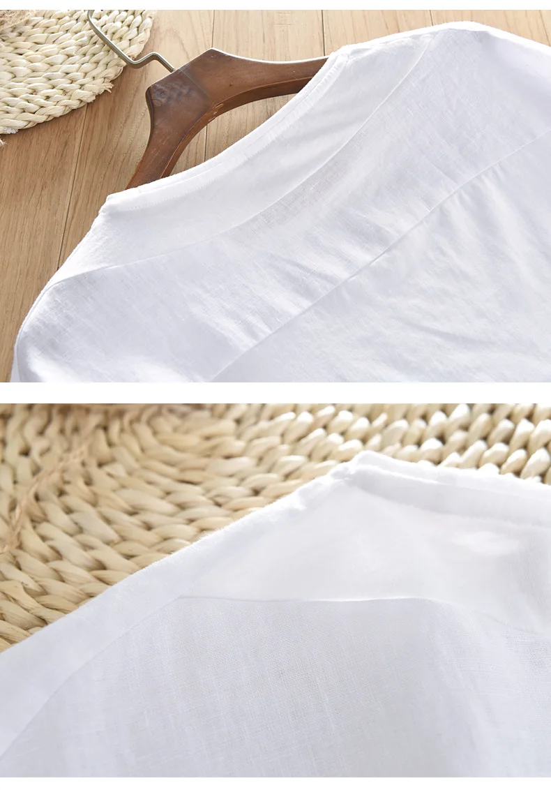 Men Cotton Linen Short Sleeve Tshirts White Small Fish Embroidery T Shirt Casual O-Neck Man Tees Y1702