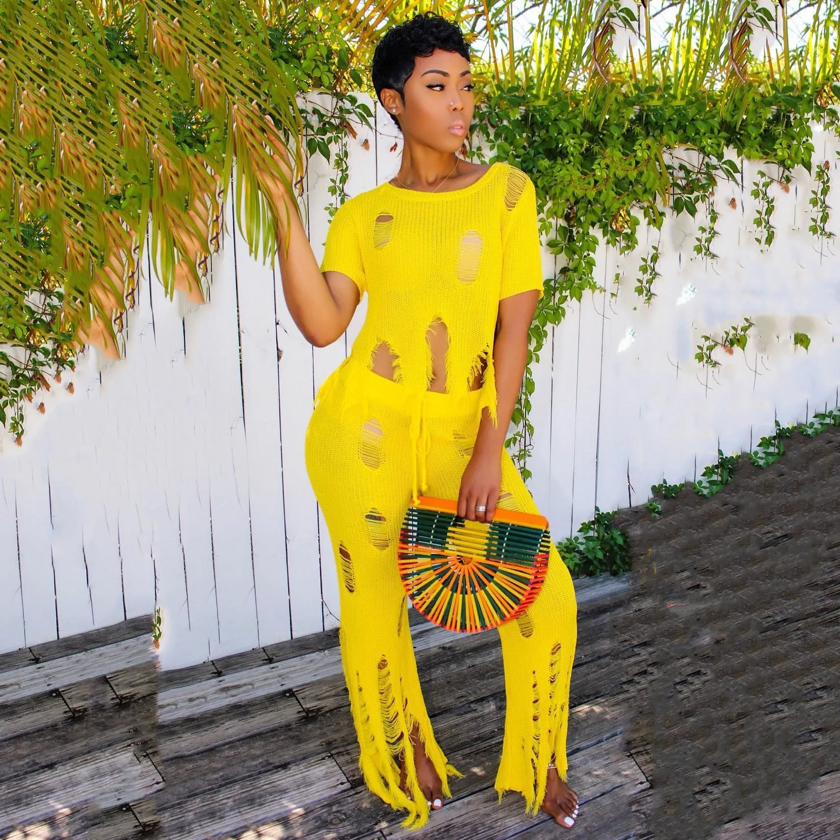 Желтый полый вязаный комплект из двух предметов повседневный спортивный костюм