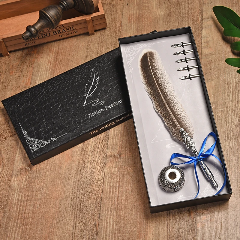 New Writing Tools Creative Retro Feather Pen Round Set Teacher's Day Gift Metal +5 Nib And Holder Office Supplies | Канцтовары для