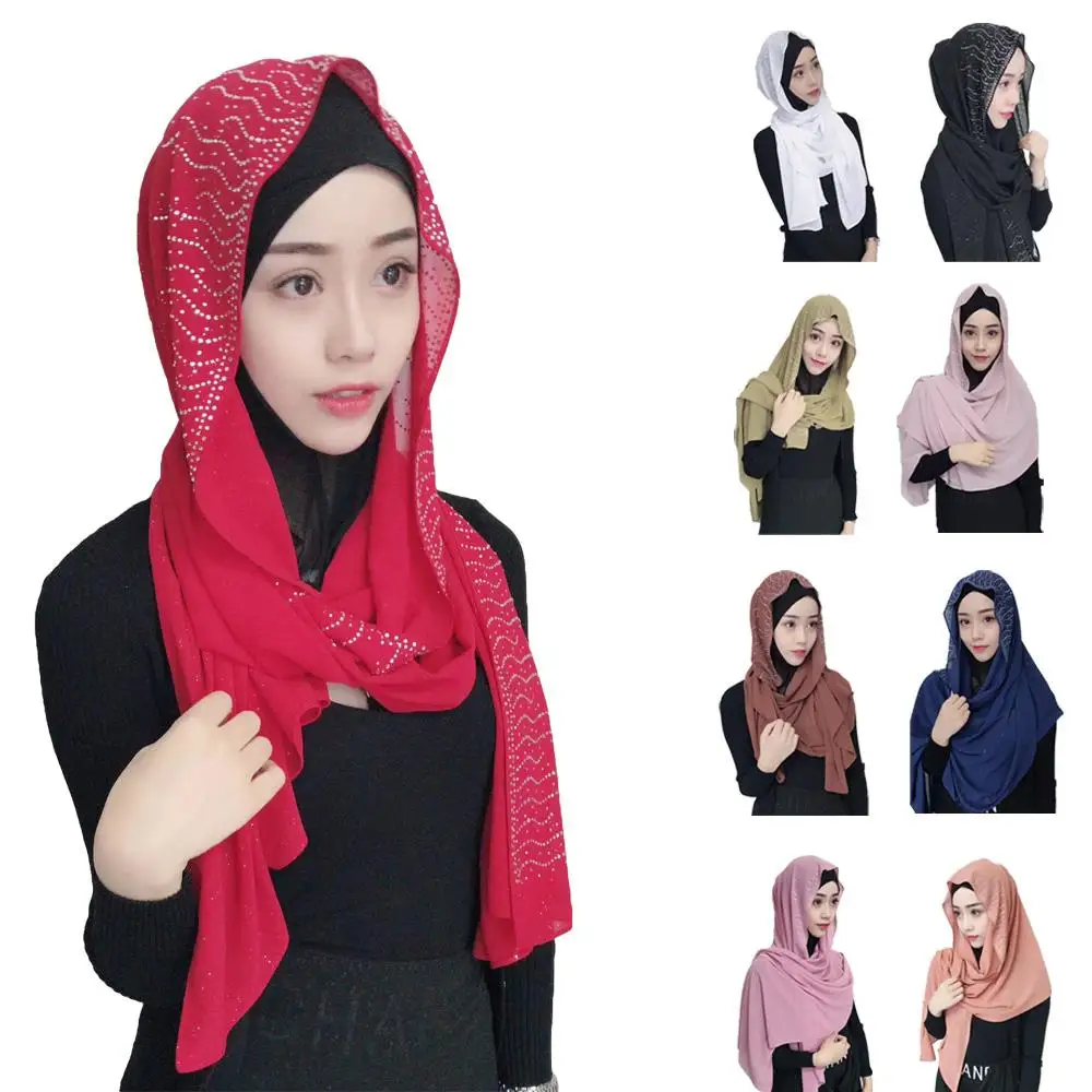 

Rhinestone Hijab Long Scarf Chiffon Shawl Wrap Muslim Women Large Scarves Stole Arab Glitter Headscarf Islamic Turban Prayer Hat