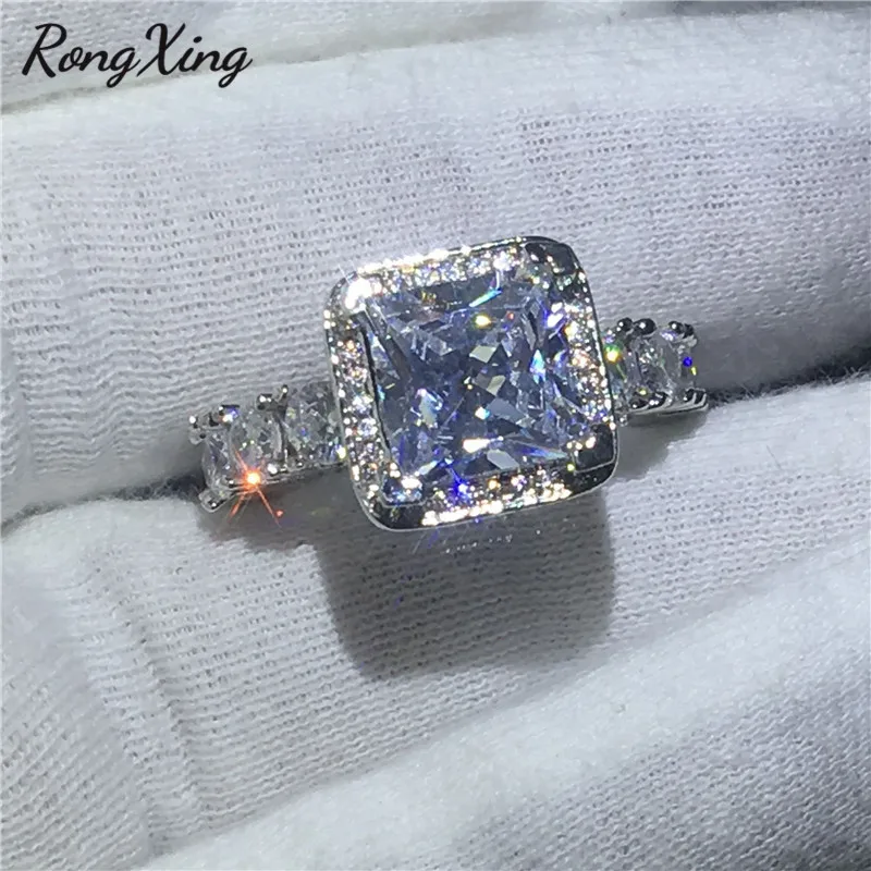 RongXing 925 Серебряное квадратное циркониевое обручальное кольцо Круглый Круг белый кристалл обручальные кольца для женщин CZ камень геометрические ювелирные изделия