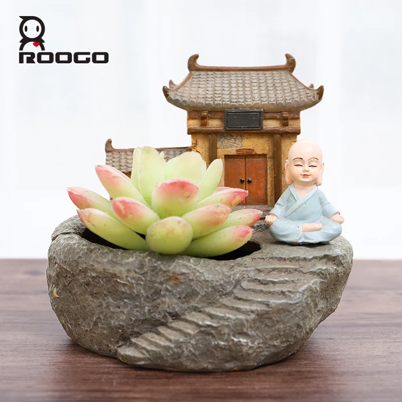 

ROOGO Gerden Succulent Plant Flower Pots Monk Temple Shape Zen Bonsai Chinese Style Planter Home Desktop Decoration