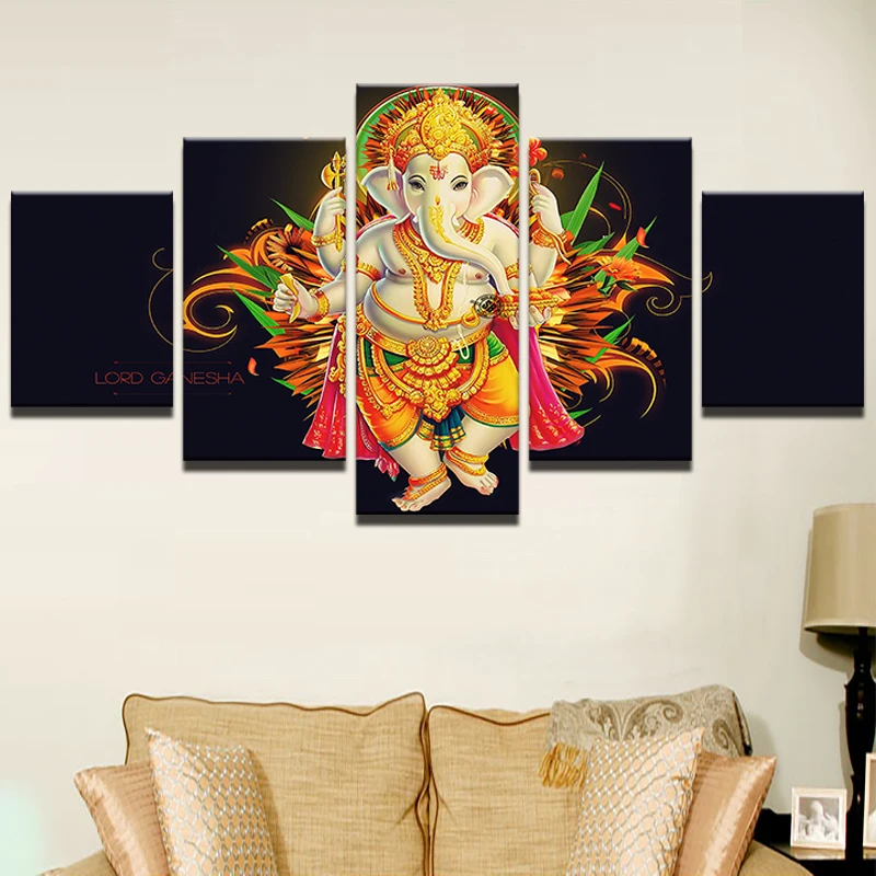 Home Decor Canvas Painting Abstract Wall Decorative Paintings 5 Panel Elephant God Ganesha Modern Pictures Art Frame | Дом и сад