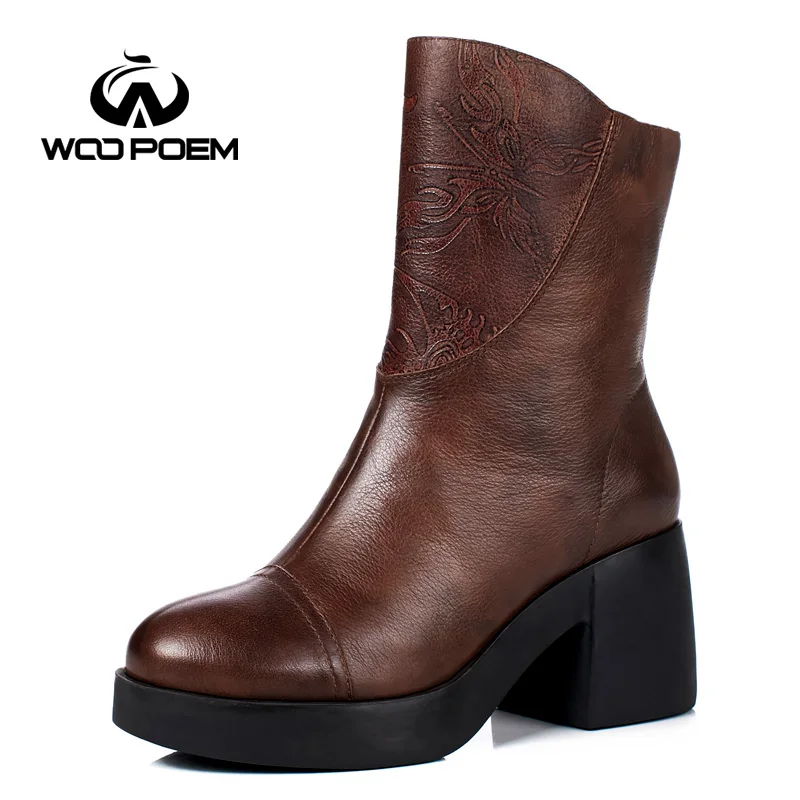 2017 сапоги из натуральной кожи до середины икры на высоком каблуке зимняя обувь