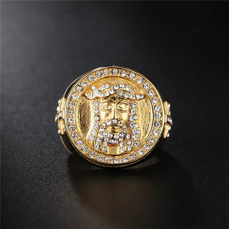 

2020 New Men Hip hop Jesus Cross Rings Stainless Steel with Rhinestone Fashion PoPular Vintage Charm Ring Hiphop jewelry gifts
