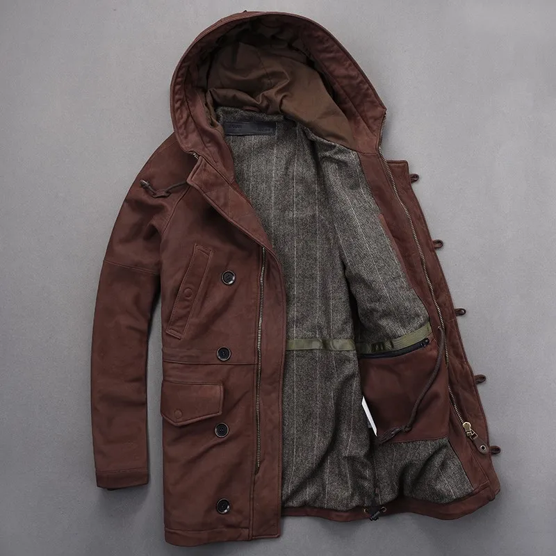 Винтажная Мужская замшевая длинная куртка из овчины Тренч натуральной кожи для