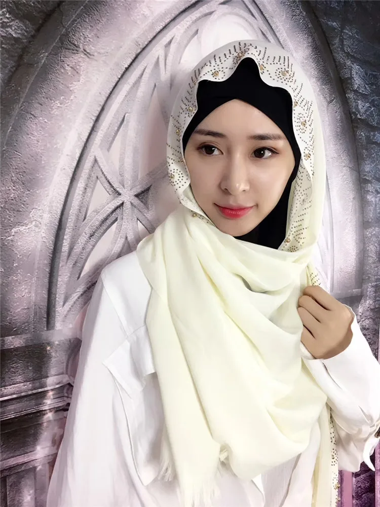 Мусульманские платки Бисероплетение геометрические хиджаб Cutton Muslima Шаль Исламская повязка на голову головные уборы Schaila
