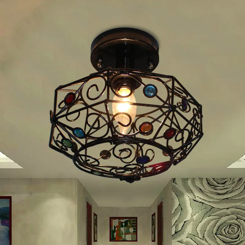 

American minimalist vintage black wrought iron cage ceiling lighting fixture home deco retro plexiglass E14 bulb ceiling lamp