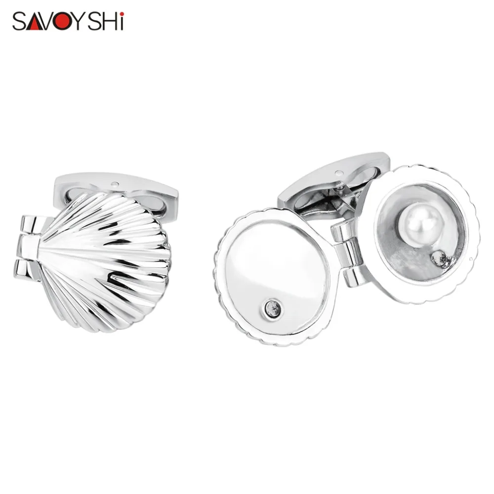 

SAVOYSHI Newest Novelty Cufflinks for Mens Shirts Cuffs Silver color Clam shell Cuff links Male Gift Jewelry Free carving LOGO