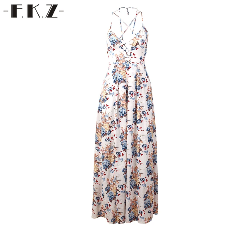 Фкз летнее пляжное платье Цветочное без рукавов с открытой спиной Sexy глубокий v
