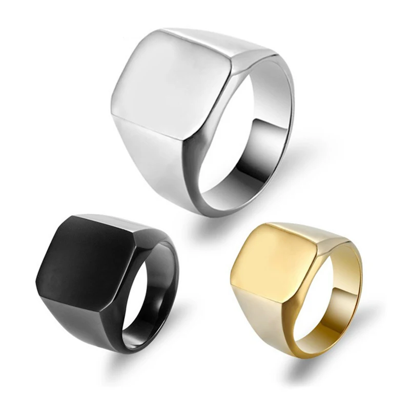 Men Simple Club Pinky Signet Ring Glossy Ornate Stainless Steel Band Classic Anillos Gold Tone Male Square Rings Jewelry