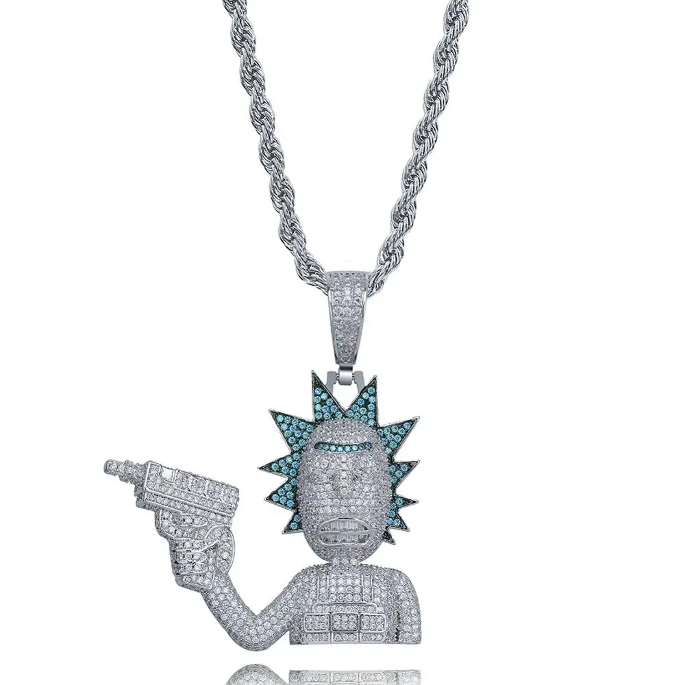 GUCY Рик и Морти кулон ожерелье все Iced Out Micro Pave кубического циркония мужские хип хоп ювелирные изделия Позолоченные талисманы подарок