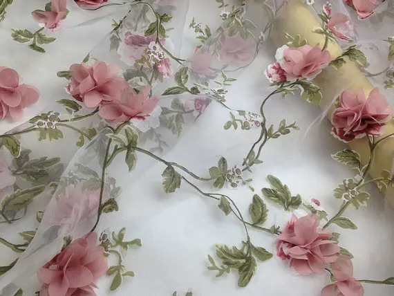 5 ярдов Цветочная кружевная ткань из органзы с 3D цветами шифоновая розовая