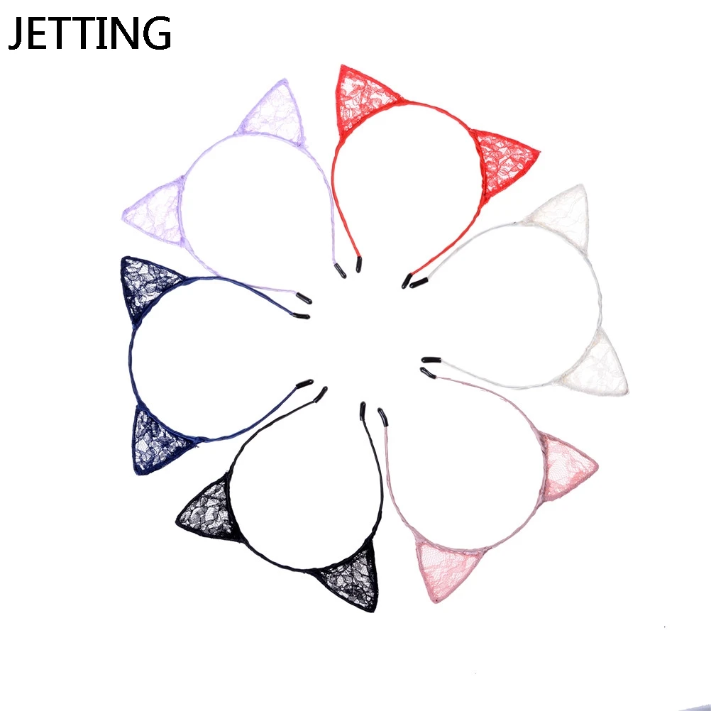 Женская повязка на голову с кошачьими ушками для девочек Черно-Белая Кружевная