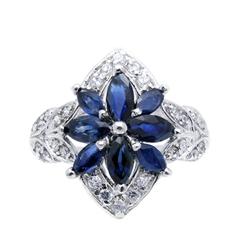 Qi Xuan_Fashion Jewelry_Dark Blue Stone элегантный цветок Rings_S925 Стерлинговое серебро Мода