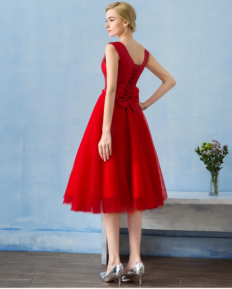 Новое поступление элегантное вечернее платье Vestido de Festa сатиновое платье трапециевидной формы с тюлевым бантом красные платья для выпускного короткое вечернее платье