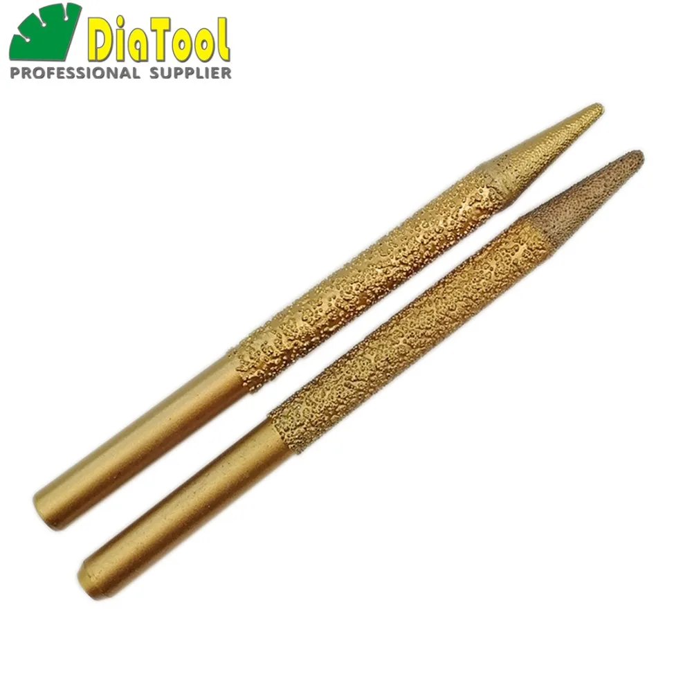 DIATOOL 2pcs CNC Vaccum Brazed Diamond Engraving Bits S1 Cone Rotary Burrs For Granite Marble Taper Ball-end Cutter