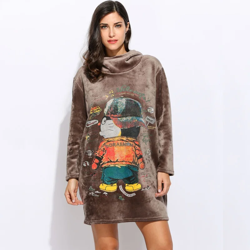 Casual Women Loose Long Sleeve Hooded Cartoon Printing Lint Dress | Женская одежда