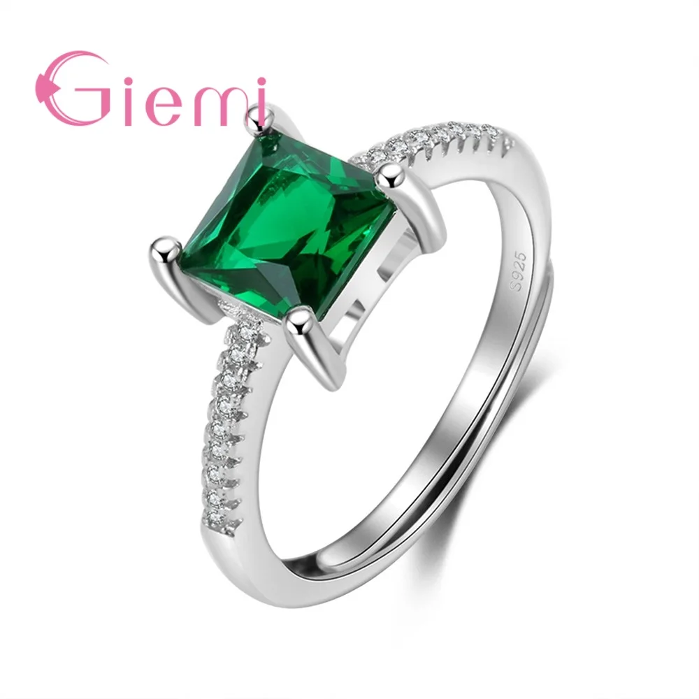 

Clear Blue/Green/Red Option 925 Sterling Silver Finger Jewelry Rings for Women Trendy Square Wedding Bague Sizable