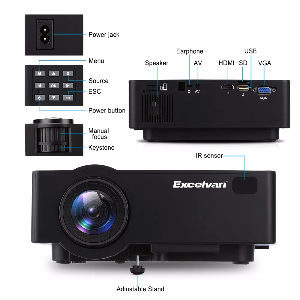 Excelvan E08 E09 проектор для домашнего кинотеатра 1080 P(опционально ОС Android Bluetooth WI-FI, Поддержка AC3) светодио дный 1800 люмен ЖК-дисплей Proyector