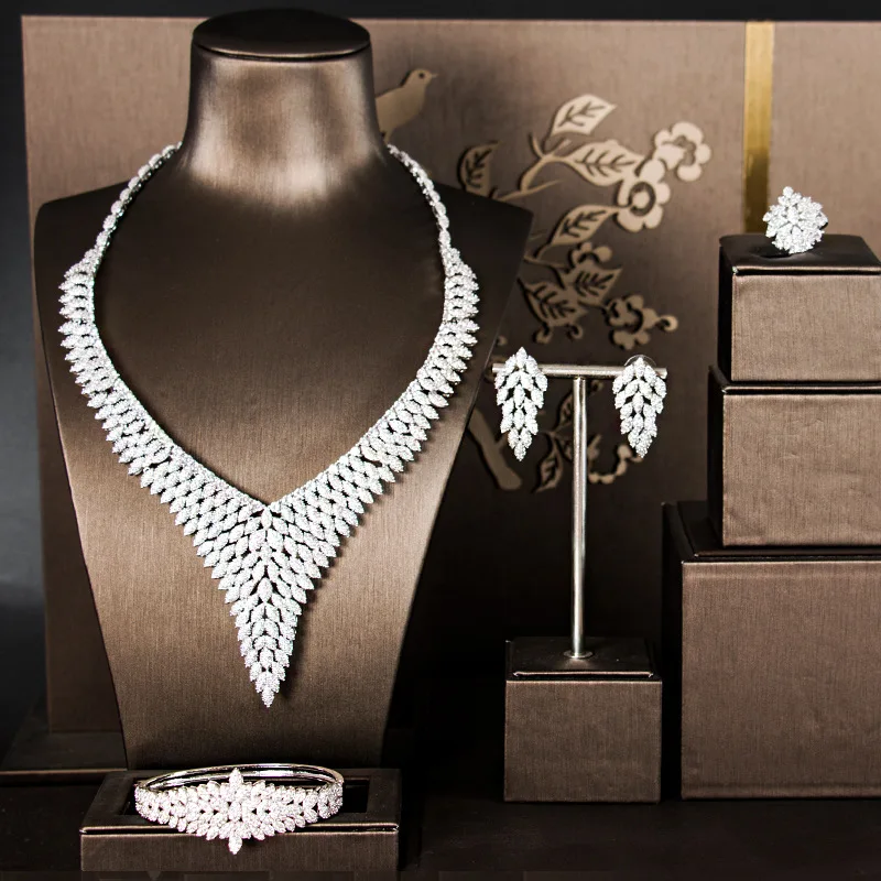 Свадебные Ювелирные наборы для женщин Новые сверкающие 5А циркониевые серьги 4 шт