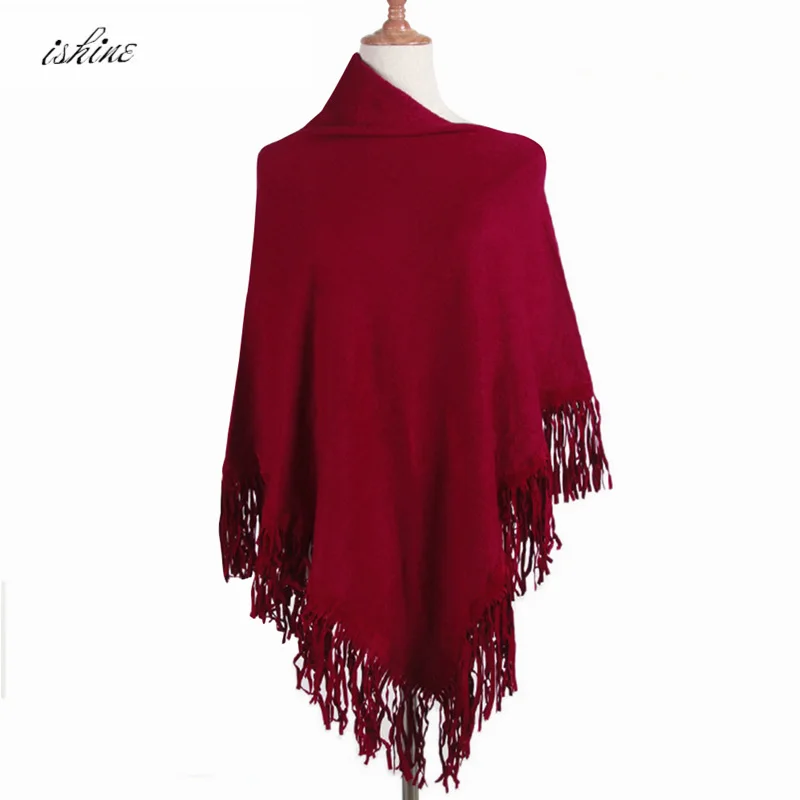 Женский осенне-зимний вязаный шерстяной свитер пончо шаль однотонный пуловер