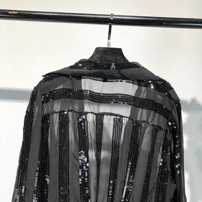 2019 Spring Summer Fashion Streetwear Sexy See Through Striped Sequins Asymmetrical Blouse Women Blusas Shirt Tops |