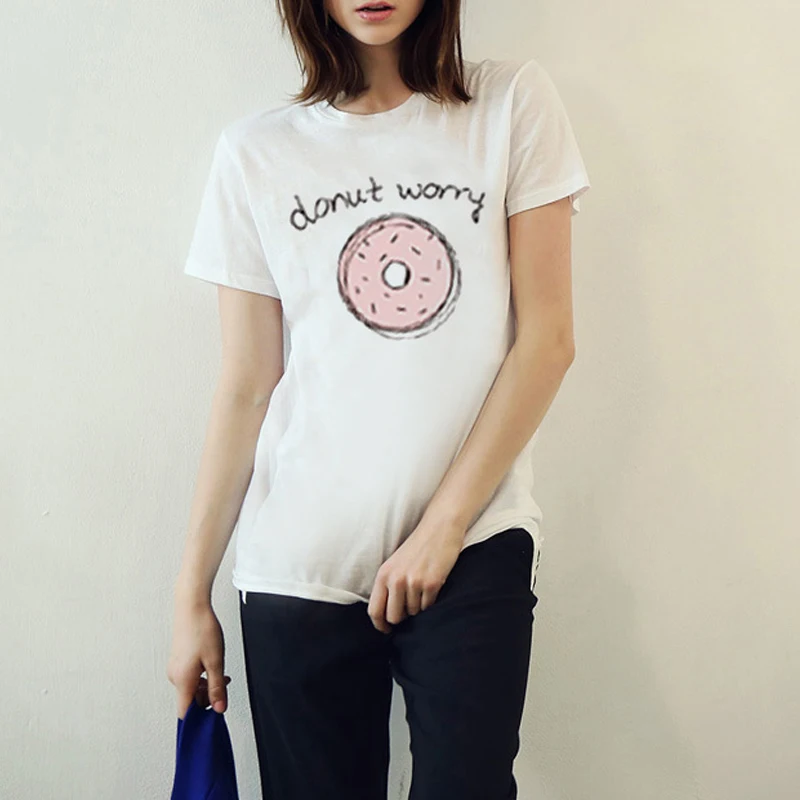 2018 Женская футболка Летняя с круглым вырезом Harajuku принтом пончиков топ коротким