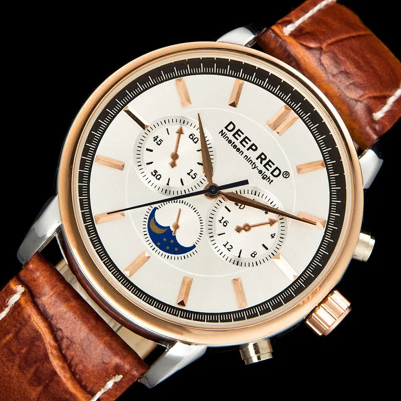 Мужские кварцевые часы DEEPRED с кожаным ремешком и золотым чехлом|watch men|watch men leatherwatch