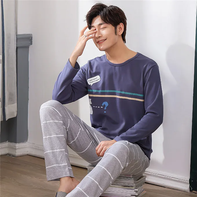 men pajama set Осенне-зимние мужские пижамы с длинными рукавами, хлопковые Пижамные комплекты в полоску с надписями и героями мультфильмов, повседневные мужские пижамы для отдыха и сна, L-XXXL Пижама - Цвет: men pajama set