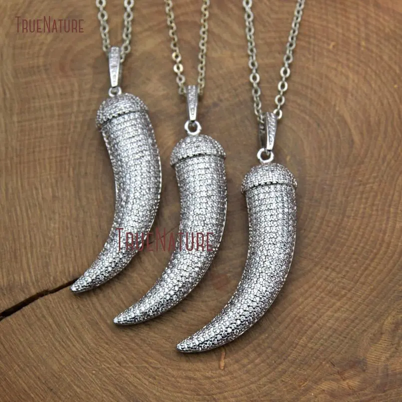 New Silver Finish Simple Chains Jewelry Cubic Zirconia Inlay Women Chains Tusk Horn Tibetan Necklace 18 Inch NM10465